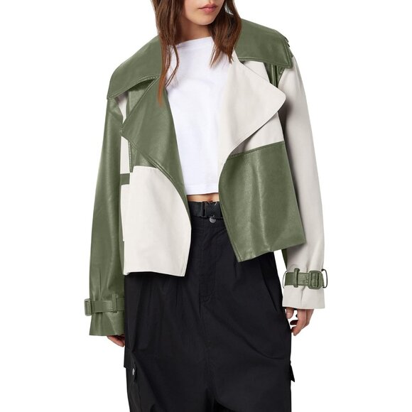 Womens Green Tankaneo Leather Cropped Jacket Oversized Color Block Motorcycle - Picture 1 of 6